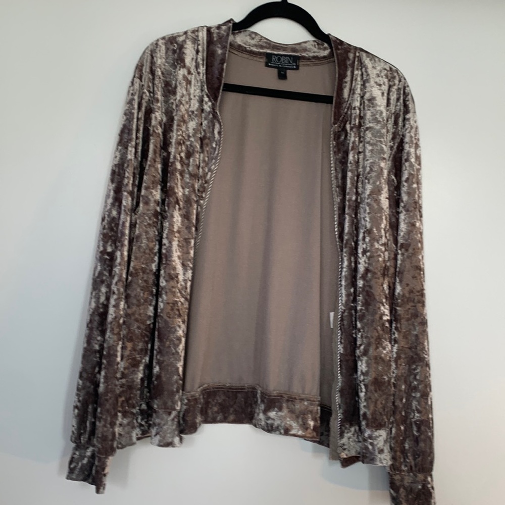 Tan crushed velvet zip up bomber cardigan